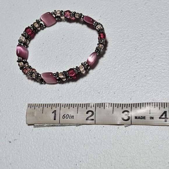 Elegant Pink Silver Beaded Stretch Bracelet Classic Fashion Jewelry Women - Picture 4 of 4